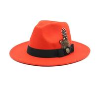 GLDFW Sombrero clásico de lana blanca para caballero con plumas, ala ancha, para fiesta, iglesia, boda, sombrero Fedora para hombres y mujeres, gorra de fieltro Panamá, Naranja y rojo., M