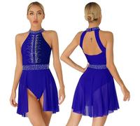 GLDFW - Vestido de patinaje artístico para mujer, con letras líricas, ballet, gimnasia, leotardo sin mangas con diamantes de imitación