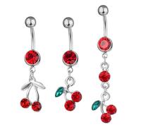 GLEAVI Anillo de Ombligo Colgante de Cereza en Acero Inoxidable y Vidrio Rojo, 3 Piezas para Decoración Elegante y Uso Diario Cómodo