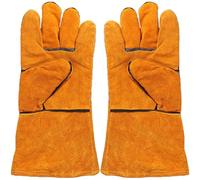 GLEAVI Guantes para Barbacoa Resistentes al Calor Largos de Piel de Vacuno y Poliéster Protección Térmica para Manos y Antebrazos Guantes Aislantes para Exteriores y Horno Ideales