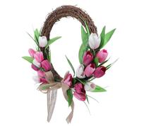 GLEAVI Guirnalda Resistente Decoloración de Tulipanes Artificiales Rosa Redonda con Lazo de Arpillera y Hojas Verdes para Decoración Elegante de Puerta Principal y Entrada del Hogar
