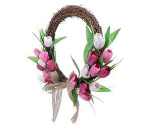GLEAVI Guirnalda Resistente Decoloración de Tulipanes Artificiales Rosa Redonda con Lazo de Arpillera y Hojas Verdes para Decoración Elegante de Puerta Principal y Entrada del Hogar