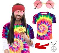 GLEEMEN Disfraz de los años 70 para hombre y mujer, 6 piezas, camiseta hippie, peluca, gafas, collar de paz, cinta para la cabeza, ropa de los años 70, carnaval, multicolor, Talla única