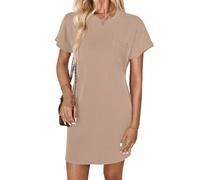 GLEENOD Vestido Mujer Cuello Redondo Manga Corta Playa Vestido Suelto Casual Verano Punto Costilla Túnica Camiseta Mini Vestidos 2025 Primavera, Caramelo, M