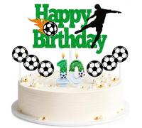 Gleevio 10 cumpleaños decoración para tartas de fútbol, decoración de cumpleaños para niños, Happy 10 Birthday Cake Topper cumpleaños velas números 10 y 6 piezas fútbol decoración para tartas de