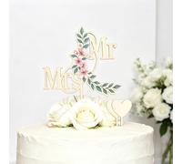 Gleevio Juego de decoración para tarta de boda, decoración de madera Mr & Mrs, decoración para tarta de boda, diseño de corazón, decoración de flores, decoración para tartas de boda, decoración para