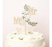 Gleevio Mr & Mrs Decoración para tarta de boda, decoración de tartas de madera, decoración para tartas de señora y señora, elegante decoración para tartas de boda con flores, decoración rústica para