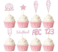 Gleevio Topper para cupcakes escolares 2025 niñas, 24 unidades, decoración para tartas de escolarización, color rosa, decoración para comienzo del colegio con bolsa de azúcar ABC 123