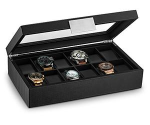Glenor Co Caja de reloj para hombre, 12 ranuras, diseño de fibra de carbono, soporte grande, hebilla de metal, color negro