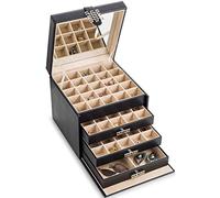 Glenor Co Soporte organizador de pendientes, 75 ranuras pequeñas y 4 grandes, caja de joyería clásica con cajón y cierre moderno, espejo, 4 bandejas para aretes, anillos o cadena de almacenamiento -