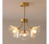 GLETSF American Full Copper Simple Living Room Chandelier Lotus Farmhse Chandelier Vintage Gold Scandinavian Dining Room Light French Vintage Flower Glass Copper Chandelier Suit-One Color-3-light