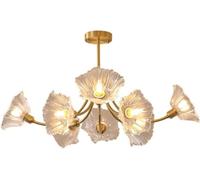 GLETSF American Full Copper Simple Living Room Chandelier Lotus Farmhse Chandelier Vintage Gold Scandinavian Dining Room Light French Vintage Flower Glass Copper Chandelier Suit-One Color-8-light