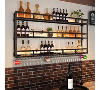 GLETSF Botellero De Pared con Led, Soporte para Botellas Y Copas, Estantes Metálicos Colgantes Invertidos, para Organizar Y Exhibir Botellas Y Copas De Forma Eficiente En El Hog-Black-120cm