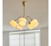 GLETSF Flower Chandelier For Gilrs Bedroom, Antique Copper Milk White Ceiling Lights, Nordic Petals Vintage Gold Pendant Lamp For Entry Foyer Living Room, Adjustable Pole-One Color-5 Lights