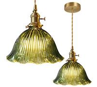 GLETSF Nordic Glass Pendant Light Modern Bedside Chandelier Flowers Shape Adjustable Copper Hanging Lights Home Decor For Bedroom Dining Room Kitchen Island-Green-B