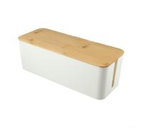 GLFLOW Caja organizadora de cables grande con tapa de madera para gestión de cables, 40.5 x 15.7 x 13.6 cm, ABS blanco y caja de cartón para almacenamiento de regletas (C)