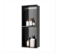 GLFNB Ducha de Pared de Acero Inoxidable con luz LED, Estante de Almacenamiento de nicho de Ducha Empotrado para baño, no Requiere Azulejos (Negro, 70 x 28 x 12,5 cm)