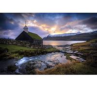 GLHUIOZ Puzzle 500 Piezas Adultos | Rompecabezas | Amanecer,Iglesia,Islas Feroe,52x38cm