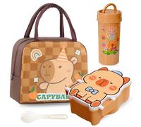 GlibberToy Capybara Bolsa de almuerzo con dibujos animados, fiambrera para niños, 900 ml y botella de 400 ml, bonita caja de desayuno, bolsas de almuerzo reutilizables para la escuela o la guardería
