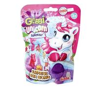 Glibbi Unicorn Surprise Bomba de baño en 1 de 3 colores (rosa, lila, mezcla) con sorpresa, 1 de 6 figuras, 100 g, diversión en el baño a partir de 3 años