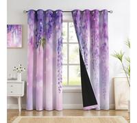 Glicina De Ensueño Cortinas Opacas, Púrpura Planta Romántica De Acuarela Cortinas Termicas Aislantes Frio Cortina Blackout con Ojales 2 Piezas para Dormitorio Salon Cocina 140Anx175Al Cm