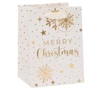 Glick Bolsa de Navidad de lujo, mini bolsa de regalo dorada con texto "Merry Christmas" para Navidad, crema y oro, mini bolsa, 8,7 x 12 x 7 cm