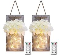Glighone Apliques Tarro de Masón, Tarro de masón lámpara de pared, 2 unidades LED Lámpara de Decoración con Control Remoto Rústico Tarro de Albañil Luces Pared, Blanco Cálido