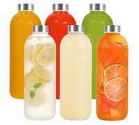 GLIMILI Botellas de vidrio con tapas, botellas de agua de vidrio con tapas de acero inoxidable, botellas de jugo de vidrio con tapas, a prueba de fugas, botellas de vidrio reutilizables para bebidas