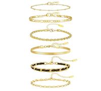 Glimmerst Juego de pulseras de oro para mujer, chapadas en oro de 18 quilates, pulsera de eslabones apilados, con cuentas de espiga, cuerda cubana, caja de clip, cadena Figaro, conjuntos de joyería