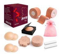 GLINDIHOME 2 Rollos de Cinta Adhesiva Pecho 5m. Incluye: 2 Rollos Boob Tape +4 Pezoneras Adhesivas Invisibles Reutilizables +50 Tiras Doble Cara Ropa +20 Pezoneras Tela +Caja Imantada y Bolsa.