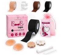 GLINDIHOME Cinta Adhesiva Pecho 5m. Incluye: 1 Rollo Boob Tape +2 Pezoneras Adhesivas Invisibles Reutilizables +36 Tiras Doble Cara Ropa +10 Pezoneras Tela +Bolsa. Sujetador Invisible. (Negro)