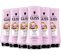 Gliss Acondicionador Liquid Silk (6 x 200 ml), Acondicionador de pelo con ceramida y seda que cuida el cabello quebradizo y sin brillo intenso, acondicionador para el cabello como la seda