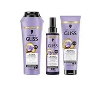 Gliss Blonde Perfector Purple Set - Champú (250 ml), Acondicionador exprés para pulverización (200 ml) y mascarilla 2 en 1 (150 ml) con efecto antiamarillento