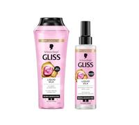 Gliss Champú Liquid Silk (250 ml) con ceramidas y seda, champú brillante y acondicionador reparador exprés (200 ml), acondicionador, acondicionador con protección contra el calor