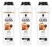 GLISS Champú Total Repair (3 x 400 ml), champú para el cabello con queratina líquida y néctar de flores, champú para el cuidado del cabello seco y dañado, reduce la rotura del cabello
