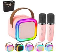 Glistenwing Mini Karaoke, with 2 Wireless Microphones Five Voice Effects and Colorful Led Lights,Portable Wireless Karaoke Speaker,Outdoor Live Broadcast Home Karaoke (Pink)