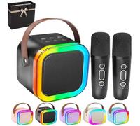 Glistenwing Mini Karaoke, with 2 Wireless Microphones Five Voice Effects and Colorful Led Lights,Portable Wireless Karaoke Speaker,Outdoor Live Broadcast Home Karaoke (Black)