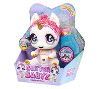 Glitter Babyz, MGA Unicorn Baby Muñequita, LUNITA Sky, con Cambio de Color, Camiseta Believe in Yourself, Botella de champú y Chupete, Edad a Partir de 3 años, White Rainbow