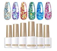 Glitter Gel Nail Polish, 6X Shiny Nail Polish with Sequins, Soak Off Top Coat, Long Lasting Formula, Shimmer Manicure Varnish, Ideal for Women’s Fingernail Art & Special Occasions