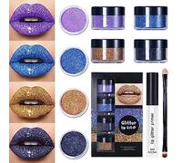 Glitter Lip Kit 4 Colors Shiny Diamond and Metallic Lip Glitter Makeup Lipstick Lip Gloss with Lip Primer and Brush Waterproof Smudge Proof (Blue)