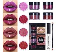 Glitter Lip Kit 4 Colors Shiny Diamond and Metallic Lip Glitter Makeup Lipstick Lip Gloss with Lip Primer and Brush Waterproof Smudge Proof (Red)