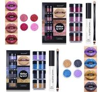 Glitter Lip Kit 4 Colors Shiny Diamond and Metallic Lip Glitter Makeup Lipstick Lip Gloss with Lip Primer and Brush Waterproof Smudge Proof (Blue+Red)