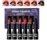 Glitter Lipstick, Transfer-proof Lip Gloss, 6 Pieces, Smudgeproof, Waterproof, Deep Matte-Gloss Effect, Shimmer Lipstick for Women, Commuting Travel, Halloween, Dating and Wedding Party, 7.3x2.05cm