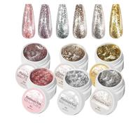Glitter Nail Gel - 6X Sparkly Shiny Kit Professional Manicure Art | High Pigment Formula | Long Lasting Wear | Smooth Application Texture | Easy Soak Off UV LED Lamp Curing | Salon Quality Home
