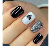 Glitters False Nails with Black Heart Pattern Durability ABS Press on Nails for Sensitive Skin Quickly Fit Party Accessories Black Heart Glitters Press on Nail