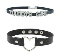 GlitterWe 2 gargantillas de cuero con corazón punk para mujer, collar gótico con tachuelas de poliuretano, collar con pinchos, ajustable, con diamantes de imitación negros, con letras de papá, joyería