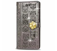 Glitzer Handyhülle für OnePlus Nord N30 Hülle Bling Strass Diamant Katze Hund Wallet Case Flip Cover PU Leder Tasche Flipcase Schutzhülle Handytasche Ständer Klapphülle für OnePlus Nord N30 grau