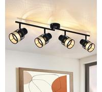 Glitzerlife 4 llamas Vintage - Plafón LED negro metal E27 330° regulable dorado Pantalla de tela para salón dormitorio cocina escaleras comedor Max.25W