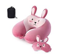 Glitzfas,Almohada de viaje con memoria de espuma para niños, cojín cervical, forma de animales, reposacabezas, cojín para dormir con protección para los ojos, bolsa de almacenamiento conejo medium