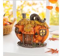 Glitzhome Decoración de mesa de casa de calabaza de resina iluminada de otoño, 8.5 pulgadas de largo, figuras de casa de calabaza de otoño hechas a mano con temporizador de encendido/apagado